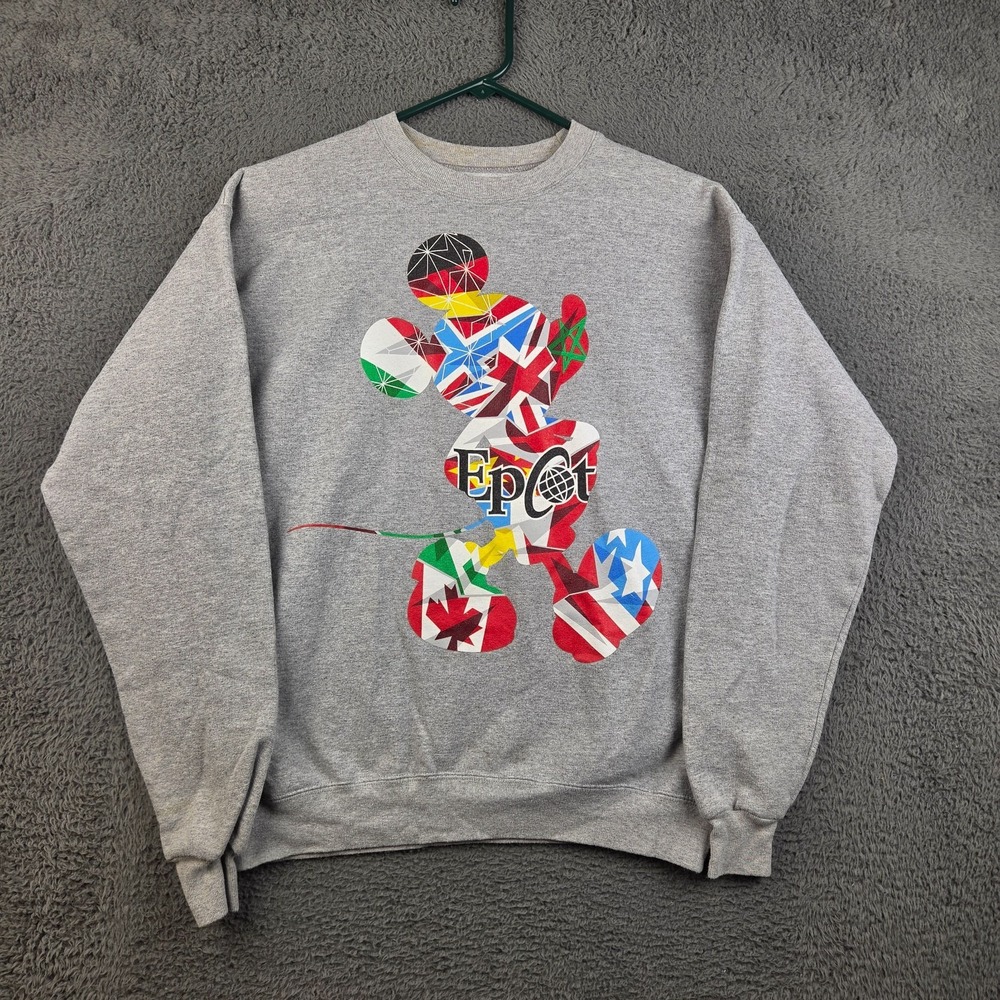 Mickey Mouse Sweatshirt Men's Small Disney Parks Epcot World Showcase Flags Gray